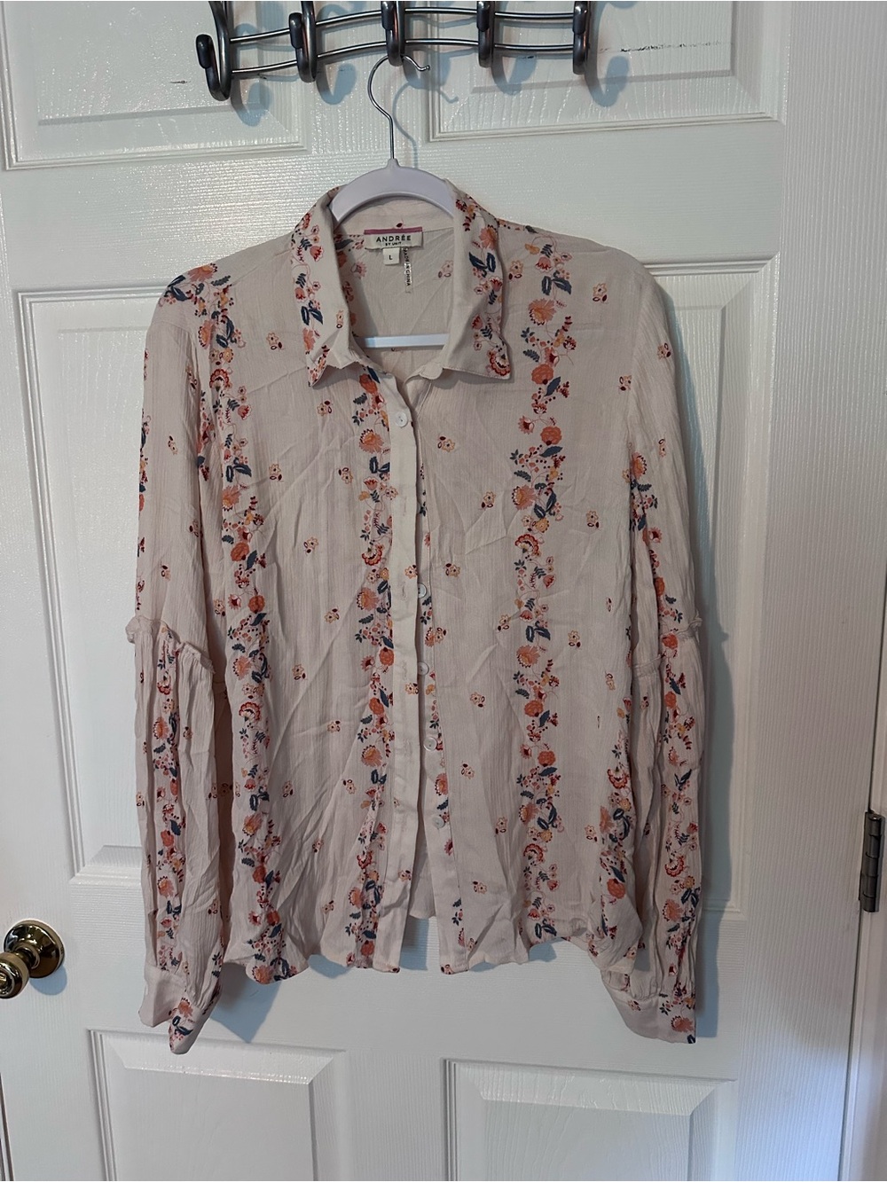 Andree Cream Button-Down Blouse with Orange and Navy Floral Trim
